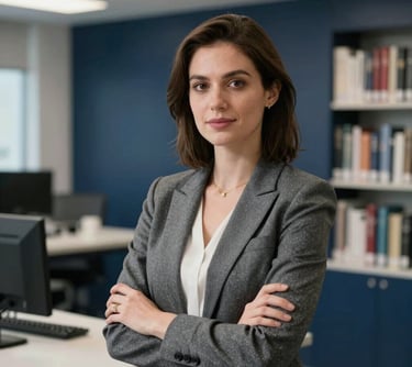 Professional portrait of a female educational designer in a smart grey blazer, appearing trustworthy and professional in a technical library setting with navy accents.