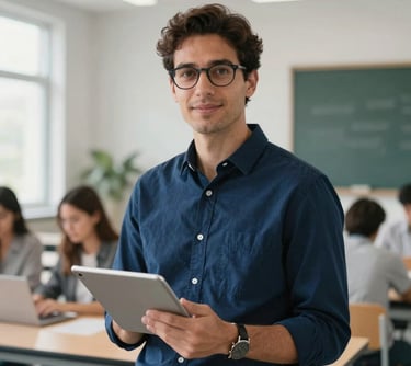 Professional portrait of a male instructor in a rich navy blue button-down shirt, holding a digital tablet in a bright, modern learning laboratory environment.