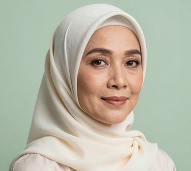 Professional portrait of a Southeast Asian woman in her 40s with a warm and wise expression, wearing a minimalist off-white hijab. The background is a soft pale green, creating a calm and sophisticated look.