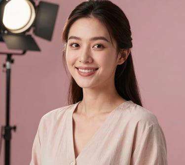 Portrait of a creative Southeast Asian woman with a friendly smile, wearing a modest outfit in soft pastel tones. She is set against a dusty rose background, illuminated by soft, professional studio lighting.