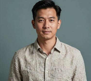 Portrait of a professional Southeast Asian man in a neutral linen shirt, looking confident and approachable. The background is a muted teal, providing a clean and contemporary aesthetic.