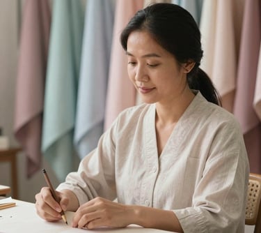 Portrait of a Southeast Asian woman with a focused and warm expression, working in a light-filled design studio with elegant pastel fabrics. She represents the dedication to craftsmanship at Nura Abaya.