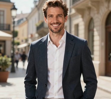 A professional portrait of a male content producer in his 30s, wearing professional attire, standing in a sunlit studio with a warm European vibe, smiling confidently at the camera.