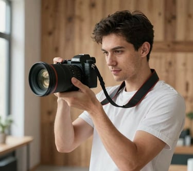 A professional portrait of a man in his late 20s, a photographer, holding a high-end camera in a bright, modern studio space with rustic wooden textures in the background.