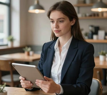 A professional portrait of a young woman in professional attire, a marketing specialist, holding a tablet in a cozy, scandinavian-style restaurant setting with soft natural light.