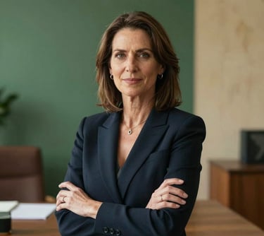 A professional portrait of a woman in her 40s, the agency founder, in a sophisticated office with forest green accents and warm parchment walls, reflecting an approachable yet professional leader.