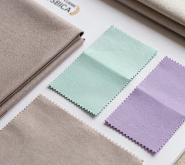 A designer reviewing a mood board that features fabric swatches in muted taupe, mint, and lilac colors.