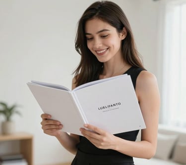 A smiling young woman holding an elegant white catalog, standing in a brightly lit room with minimalist decor.