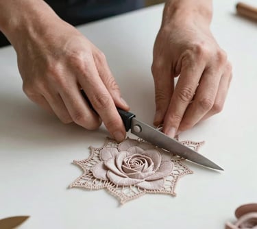 Close-up of professional hands carefully cutting a pale dusty rose lace pattern on a clean white work table.