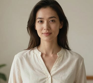 A portrait of a woman in her 30s with a warm expression, wearing a minimalist cream blouse, standing in a bright studio with soft lighting.