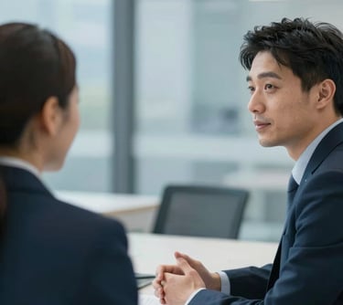 Two colleagues in a calm, focused discussion, representing effective communication and emotional intelligence. Sophisticated atmosphere, #A7C2BF highlights.