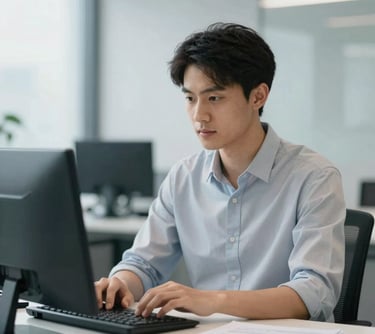 A professional focused on a clean workspace, embodying the M3 module of environment control and decision making. Professional lighting, sophisticated feel.