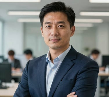 A professional headshot of a biomedical engineer in a modern North American office setting. The person is dressed in professional business attire with a sophisticated navy blazer, appearing confident and trustworthy.