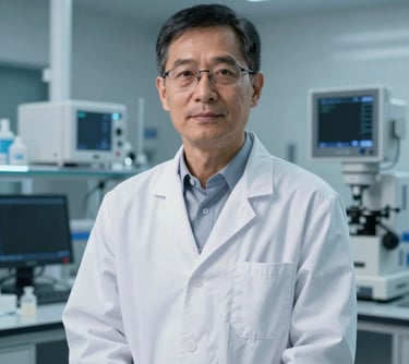 A professional portrait of a lead scientist in a clean, white North American lab coat. They are standing in a high-tech laboratory with soft-focus diagnostic equipment in the background, lit with natural and steel blue light.