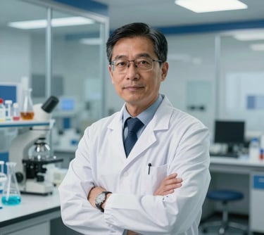 A professional portrait of a researcher in a life sciences environment in North America. The background features modern glass partitions and clean blue accents, highlighting a sophisticated and innovative scientific workspace.
