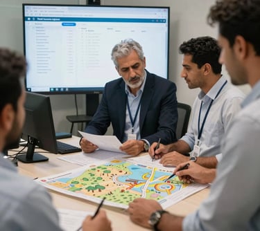A group of professional sourcing specialists in an office in Egypt, looking at agricultural maps and supplier data on a screen. The setting is modern and indicates a high level of expertise in production matching.