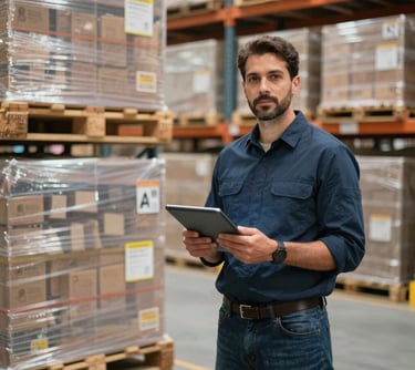A professional logistics manager in an Egyptian warehouse standing near palletized goods ready for shipping. They are holding a digital tablet and looking toward the camera. The atmosphere is industrious and highly organized.