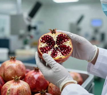 A close-up photograph of a quality control inspector in a clean, modern Egyptian facility. They are wearing white gloves and examining fresh pomegranate for export quality. The background is slightly blurred, focusing on the precision of the task.