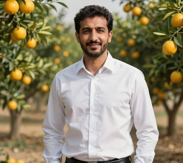 A portrait of a professional man in a smart business shirt standing in an Egyptian citrus grove. He has a confident, trustworthy expression. The lighting is natural and bright, conveying a Middle Eastern / Egyptian agricultural business context.