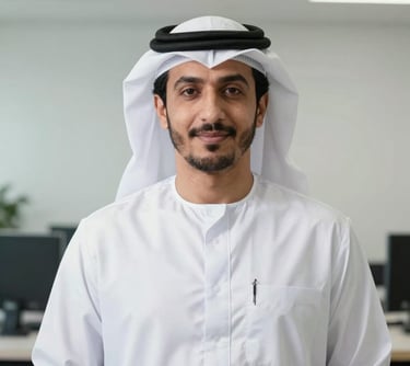 Professional portrait of a male logistics expert in a business casual setting, Middle Eastern / Gulf region, clean and bright composition.