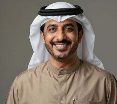 Professional studio portrait of a business leader in Middle Eastern / Gulf attire, smiling warmly against a neutral background, conveying trust and leadership.