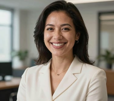 Professional headshot of a community coordinator in North American / US (Georgia), smiling warmly. The background is a soft-focus office interior with natural light, wearing professional clothing in off-white.
