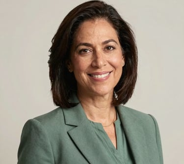 Professional studio headshot of a female educator in North American / US (Georgia), wearing professional attire in muted green. She has a warm, confident expression, set against a soft, neutral off-white background.