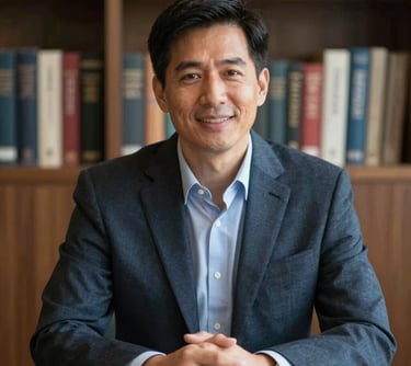 Professional headshot of a curriculum specialist in North American / US (Georgia). The person is sitting at a desk with books in the background, looking helpful and knowledgeable, wearing professional attire.