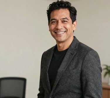 A professional portrait of a Latin American man with a friendly smile, representing the Creative Director, wearing a charcoal blazer, in a minimalist office with soft cream walls.
