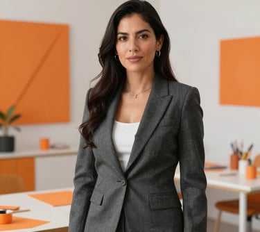 A professional portrait of a Latin American woman specialized in event design, wearing stylish charcoal business attire, standing in a bright creative studio with vibrant orange design elements in the background.
