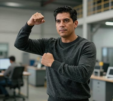 A professional portrait of a Latin American man in a dynamic pose, focused and capable, wearing a charcoal sweater, representing a technical logistics lead in a modern industrial setting.