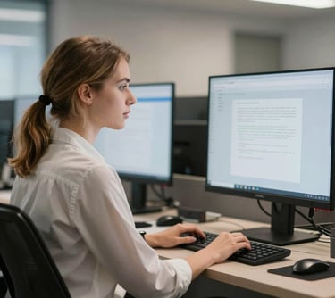 Professional woman working on a computer in a modern office, typing on a keyboard while viewing data.