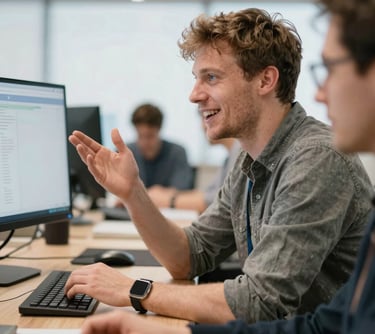 a white european guy in his 30s, spontaneous photo in an office, a web developer, side photo