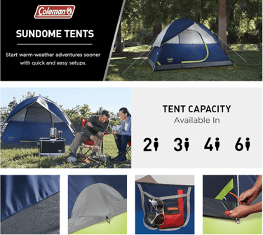 Friends camping in Coleman Sundome cheap camping tent, best budget camping tent for casual campers
