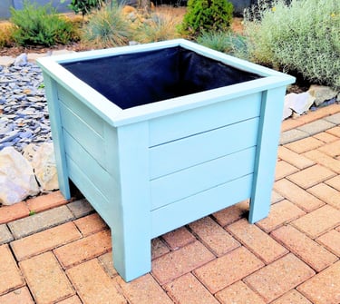 wooden square plant box on legs aston design made from quality wood painted in blue colour