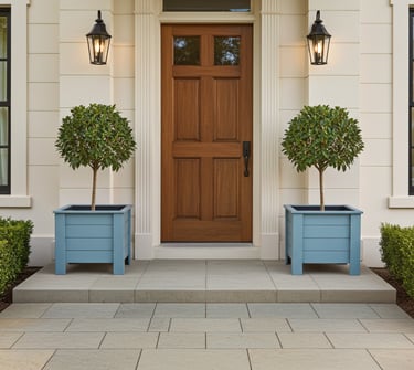 elegant wooden planter painted in grey blue with patio tree made from wood plant box on legs