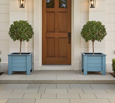 elegant wooden planter painted in grey blue with patio tree made from wood plant box on legs