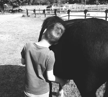 enfant de dos appuyant sa tête contre son poney lors d'une séance d'équithérapie