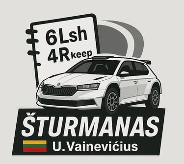 logo of the company - a rally car with a rally pacenote book and below a word Šturmanas and surname