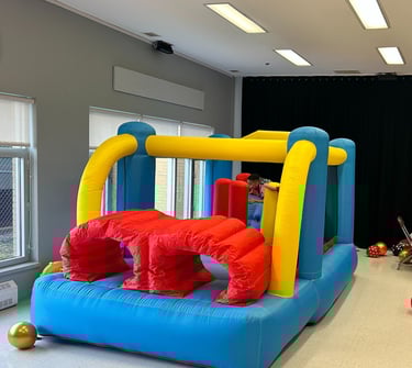 a bouncer in a room with a large window