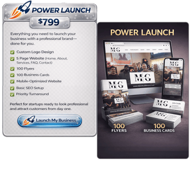 Power Launch business branding package including custom logo design, website, flyers, and business cards for startups.