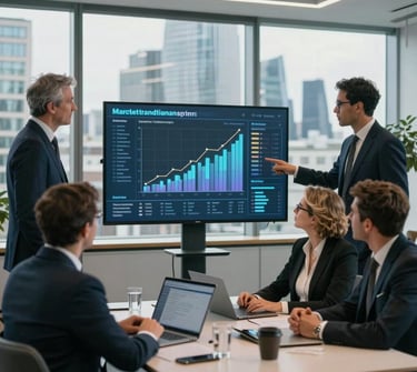 Business professionals reviewing financial data charts on a screen during a corporate boardroom meeting.