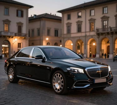 A premium black luxury sedan parked in a historic Italian piazza during cinematic twilight, soft warm streetlights reflecting on the polished deep metallic paint, wide environmental shot, 50mm focus