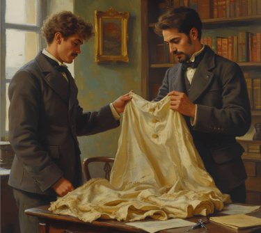 Oil painting of two men in a vintage library examining a delicate antique silk dress on a wooden desk.