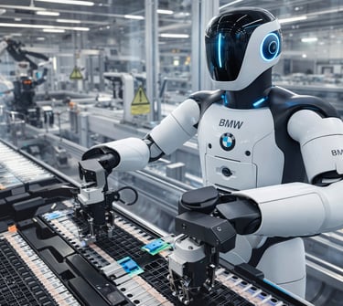 Robos humanoides trabalhando na linha de produção da BMW em fábrica automatizada na Alemanha