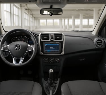 Renault Logan prateado estacionado em garagem ampla e iluminada com piso de concreto limpo.
