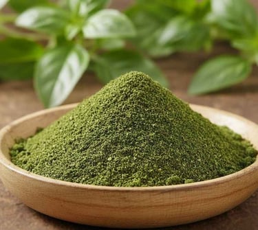 “Pure Holy Basil leaf powder front view – premium herbal export product”