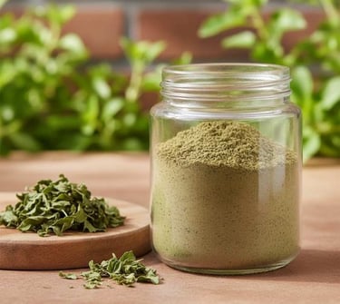 “Holy Basil leaf powder used in teas, supplements, and herbal formulations – lifestyle image”