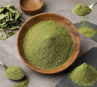 “Top view of finely milled Holy Basil (Tulsi) leaf powder – organic herbal ingredient”