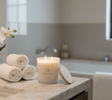 a candle with a candle and a candle in a bathroom